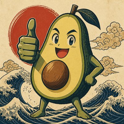 a happy avocado character giving a thumbs up, bold readable design on a plain background, no text