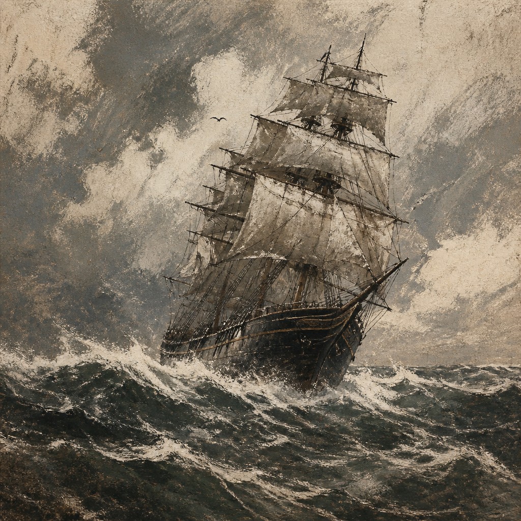 sailing ship on a stormy sea — Dry Brush Painting Style