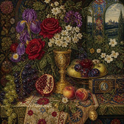 still life arrangement of fruits and flowers