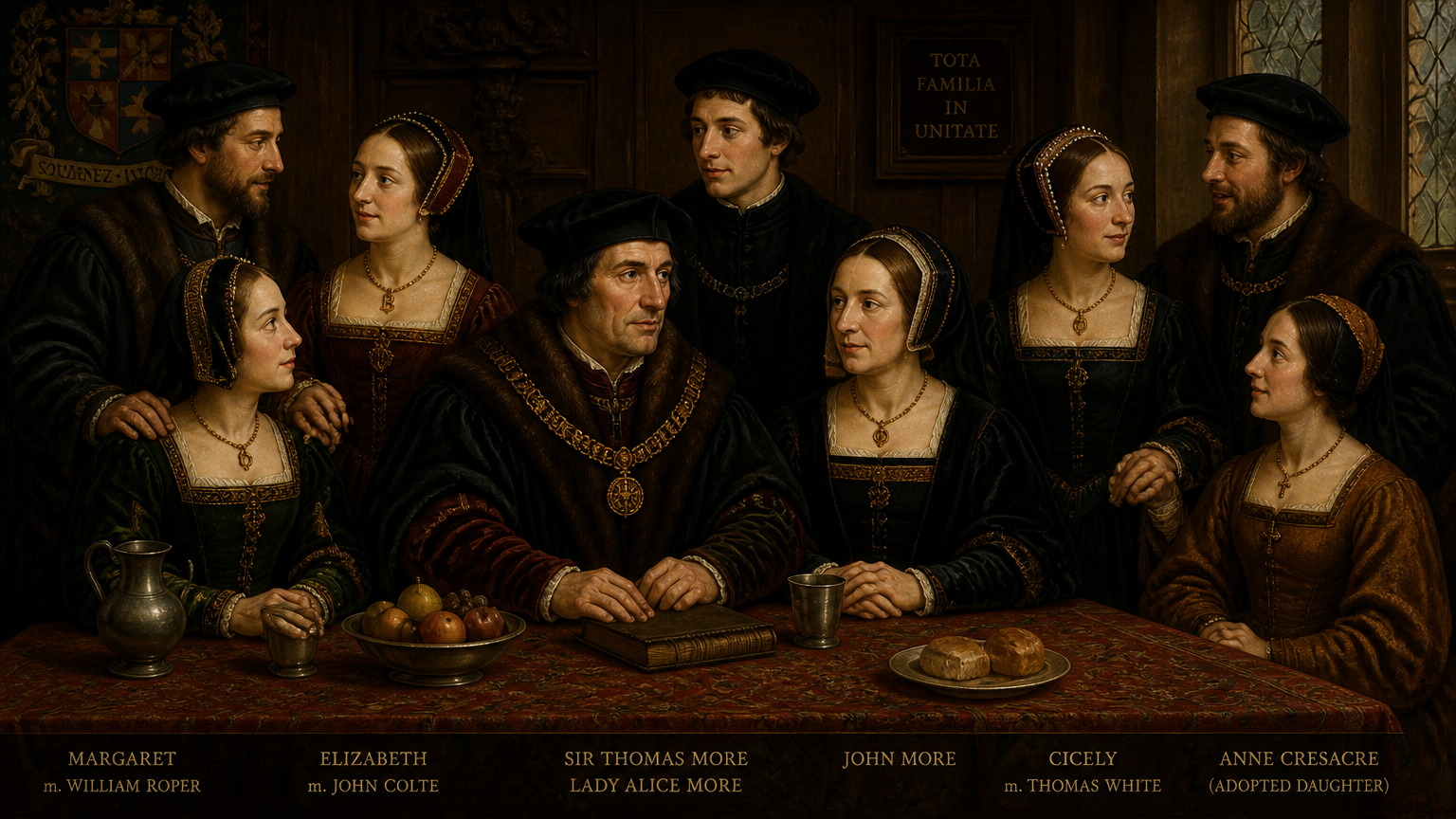 Sir Thomas More with his wife Lady Alice, his son John, his three daughters (Margaret, Elizabeth, and Cicely) along with their husbands, and adopted daughter Anne Cresacre