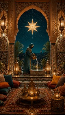 a robed figure pouring water beneath a large eight-pointed star in a night sky, symmetrical composition with an ornate decorative border, no text