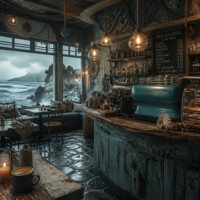 cozy cafe interior with warm lighting