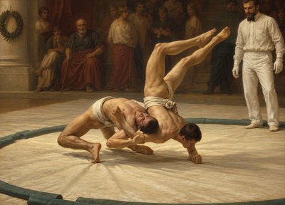 a painting of two men wrestling in a ring