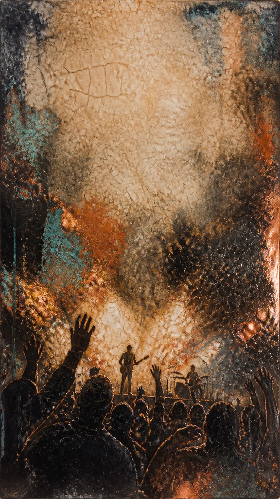 a live music scene with a glowing stage and silhouetted crowd, energetic vertical composition with open space at the top, no text