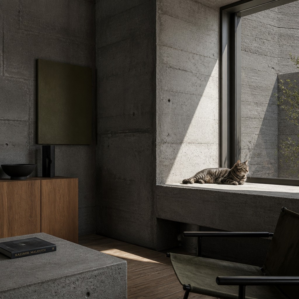 a cat lounging in a sunlit window — Brutalist Interior Design