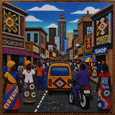 urban street with city activity — Beadwork Art Style