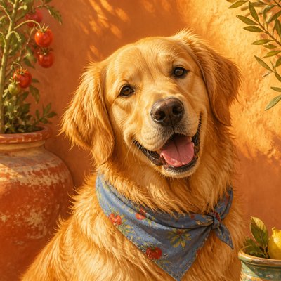 portrait of a golden retriever wearing a blue bandana, warm plain backdrop, no text