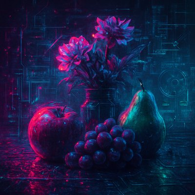 still life arrangement of fruits and flowers