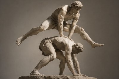 ancient greek athlete leap frogging over another athlete's back