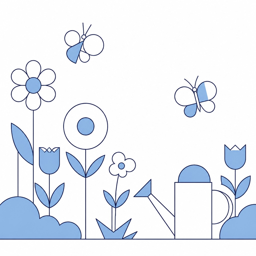 a garden scene with butterflies, flowers and a watering can, clean uncolored line art, no text