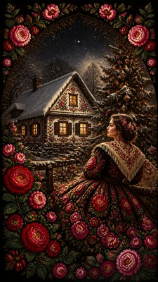 a snow-covered cottage with warm glowing windows beside a decorated pine tree, gentle snowfall, no text