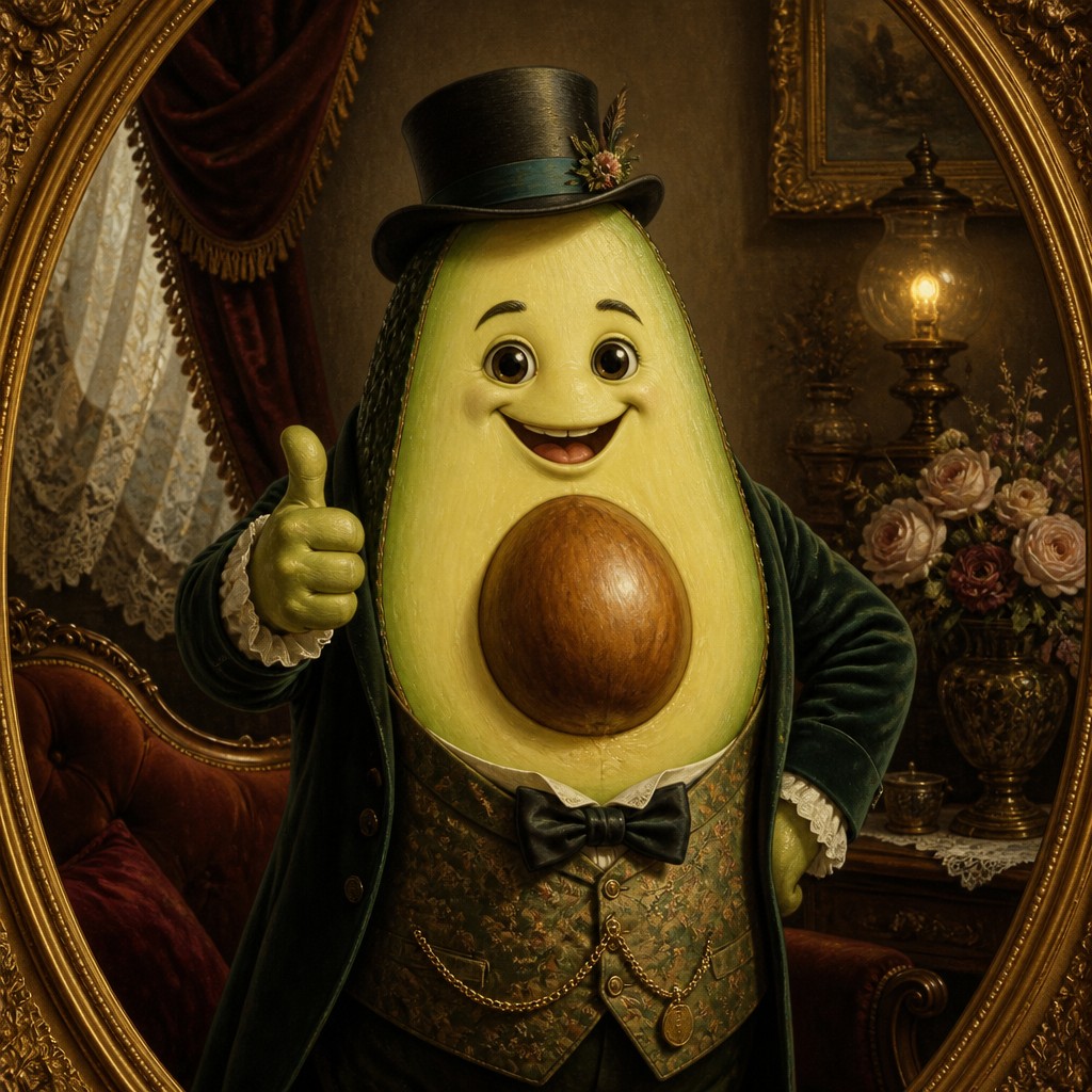a happy avocado character giving a thumbs up, bold readable design on a plain background, no text