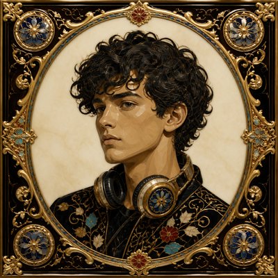 head-and-shoulders portrait of an original character: a young man with curly dark hair and headphones around his neck, plain backdrop, no text