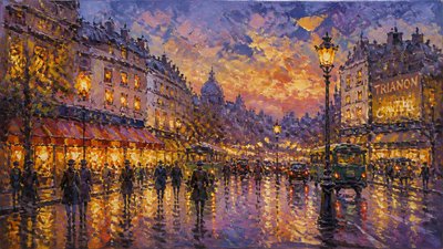 bustling city street panorama at dusk