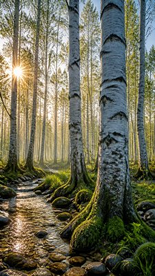 a serene birch forest in soft morning light, no people, no text