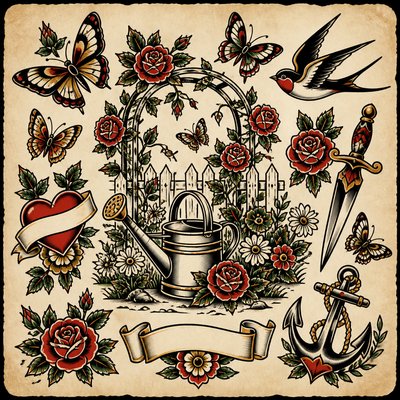 a garden scene with butterflies, flowers and a watering can, clean uncolored line art, no text