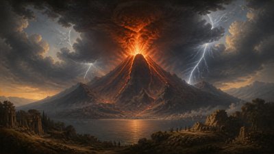 an erupting volcano with lightning strikes, dramatic wide composition, no text