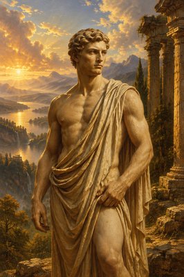 a painting of a man standing in front of a mountain