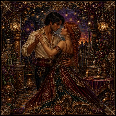 an original couple dancing under string lights in a garden at dusk: a man with short black hair in a linen shirt and a woman with braided red hair in a summer dress