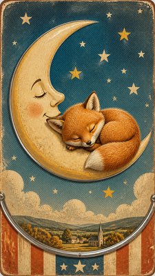 a sleeping baby fox curled on a crescent moon among soft stars, gentle and warm, no text