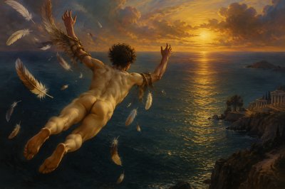 back view of ignudi Icarus falling into the sea with feathers falling down