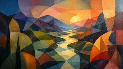 a vast valley with a river winding toward distant mountains at sunrise, no people, no text