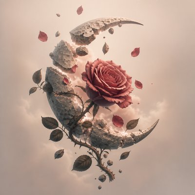 a rose entwined with a crescent moon, clean balanced composition on a plain background, no text