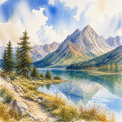 wide landscape with natural scenery — Watercolor Painting Style