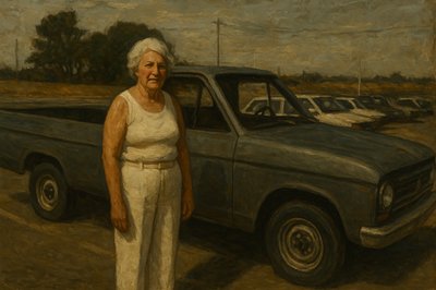 a painting of a woman standing next to a truck