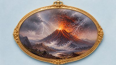 an erupting volcano with lightning strikes, dramatic wide composition, no text
