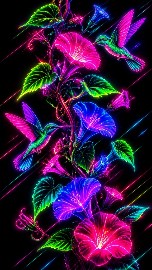 a climbing vine of flowers and hummingbirds on a dark background, tall wrapping composition, no text