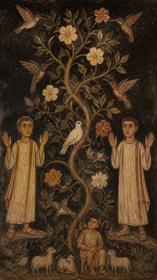 a climbing vine of flowers and hummingbirds on a dark background, tall wrapping composition, no text