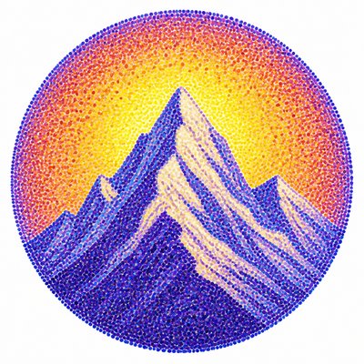 an emblem of a mountain peak inside a circle, simple bold shapes on a plain background, no text or lettering