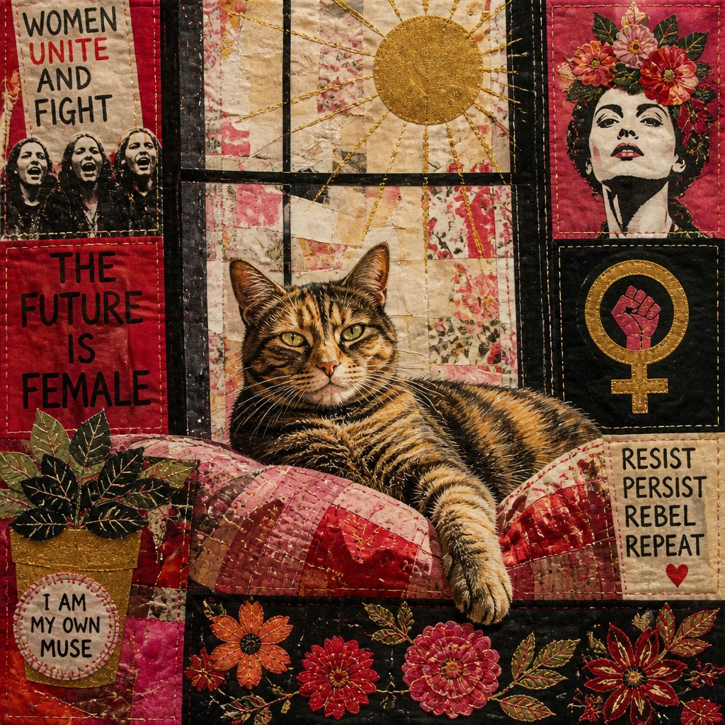 a cat lounging in a sunlit window — Feminist Art Style