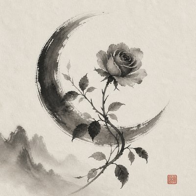 a rose entwined with a crescent moon, clean balanced composition on a plain background, no text