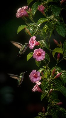 a climbing vine of flowers and hummingbirds on a dark background, tall wrapping composition, no text