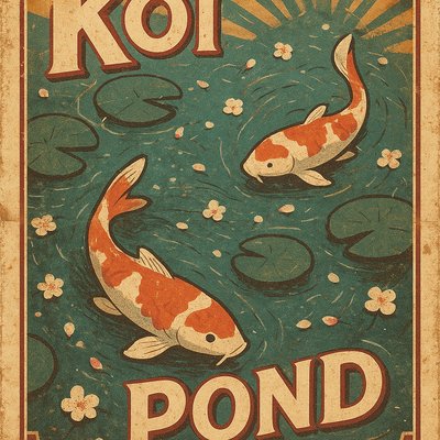 A koi pond seen from above, orange and white koi fish swimming among lily pads, clear water with subtle ripples, fallen cherry blossom petals floating on the surface, dappled sunlight