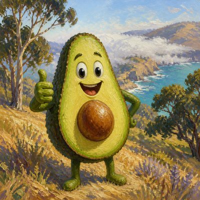 a happy avocado character giving a thumbs up, bold readable design on a plain background, no text