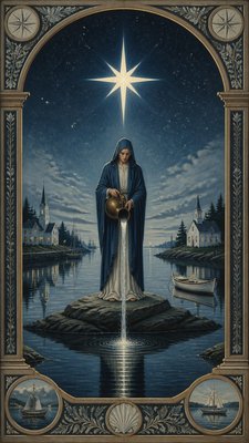 a robed figure pouring water beneath a large eight-pointed star in a night sky, symmetrical composition with an ornate decorative border, no text