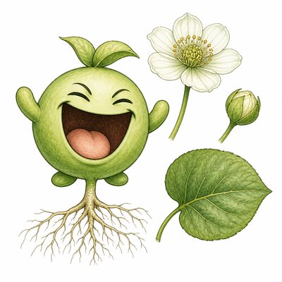 an exaggerated laughing face of an original round mascot character, bold and readable at small size, plain background, no text