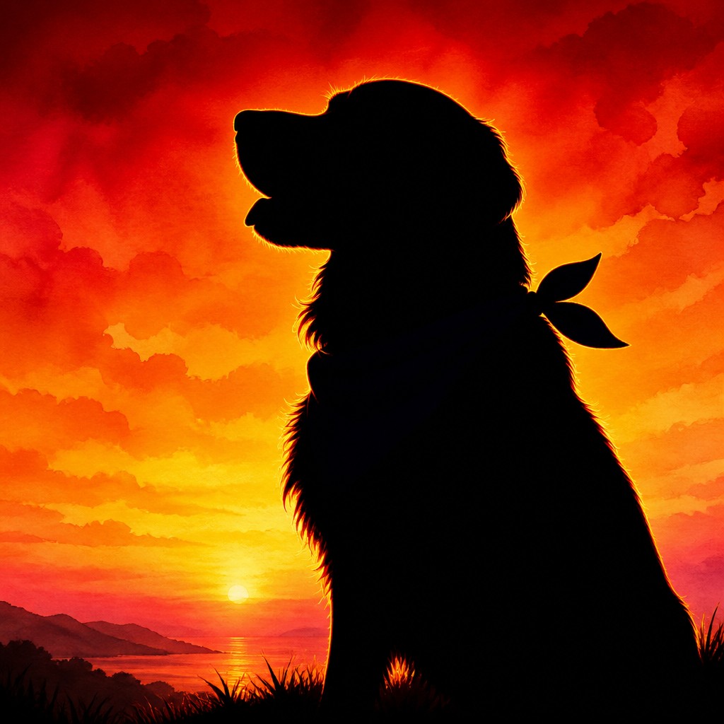 portrait of a golden retriever wearing a blue bandana, warm plain backdrop, no text