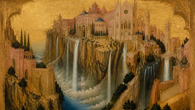 a cliffside city with waterfalls cascading into a misty canyon, wide establishing shot, no people, no text