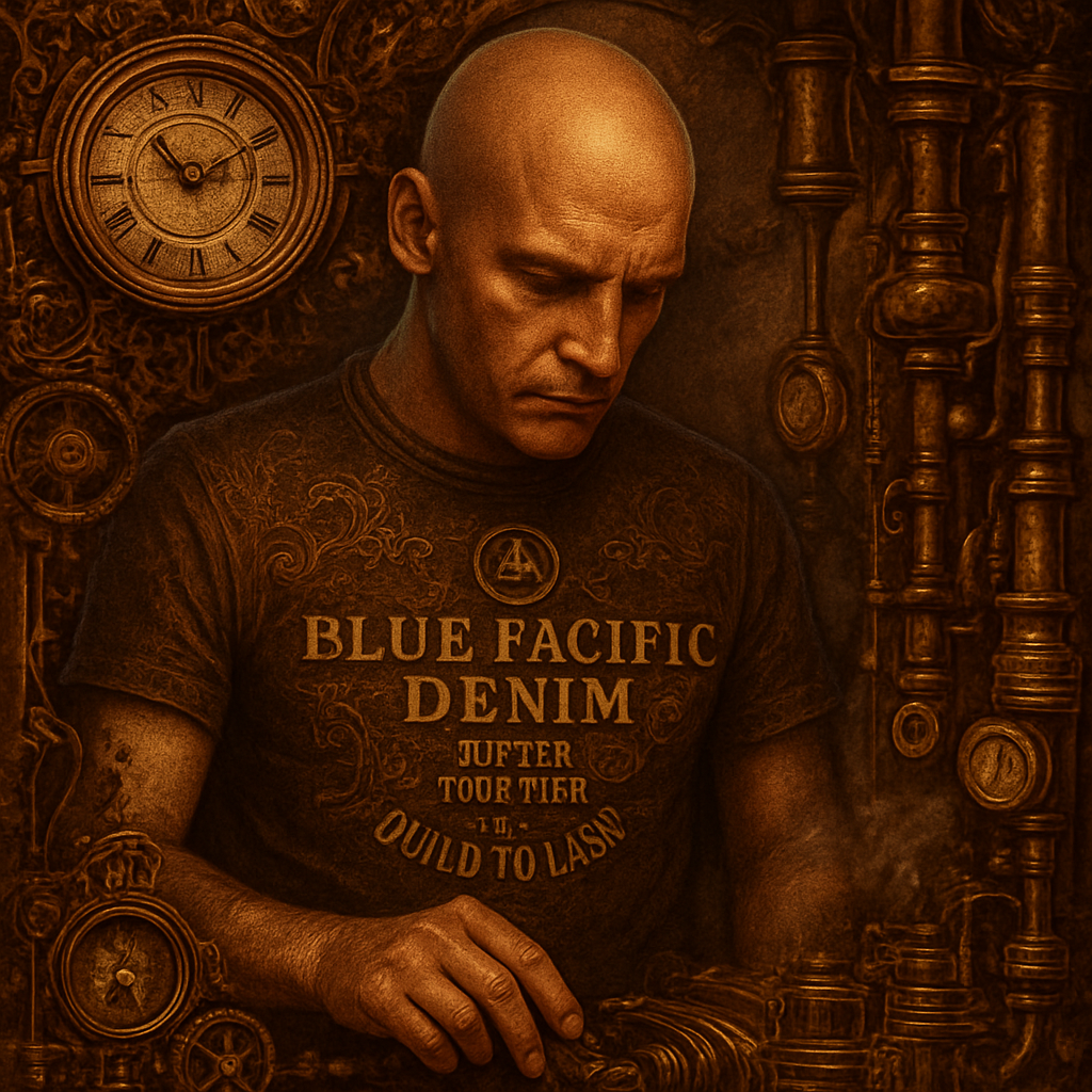 a painting of a bald man with a blue pacific denim shirt