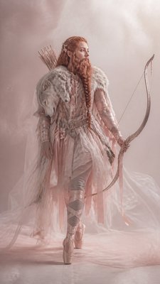 full-body original character: a dwarven ranger with a braided auburn beard, worn leather armor, a longbow and a wolf-pelt cloak, neutral background, no text