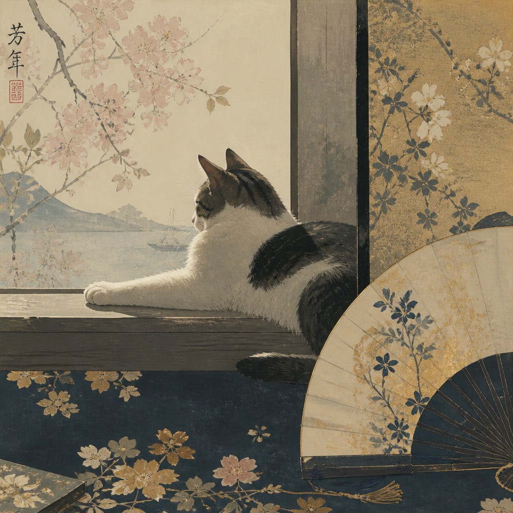 a cat lounging in a sunlit window — Japonisme Art Style