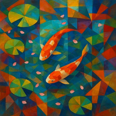 A koi pond seen from above, orange and white koi fish swimming among lily pads, clear water with subtle ripples, fallen cherry blossom petals floating on the surface, dappled sunlight