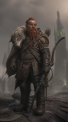 full-body original character: a dwarven ranger with a braided auburn beard, worn leather armor, a longbow and a wolf-pelt cloak, neutral background, no text