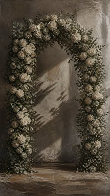 an arch of white roses and eucalyptus in soft morning light, elegant vertical composition with open space, no text