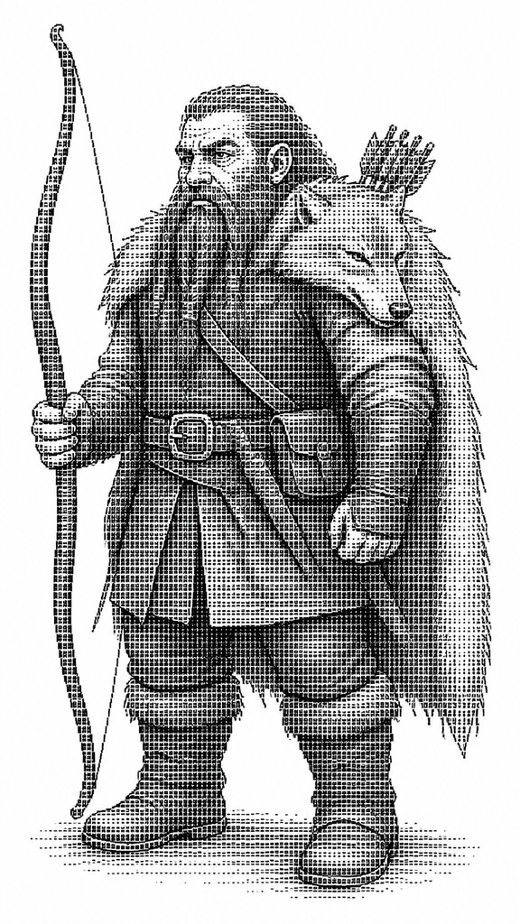 full-body original character: a dwarven ranger with a braided auburn beard, worn leather armor, a longbow and a wolf-pelt cloak, neutral background, no text