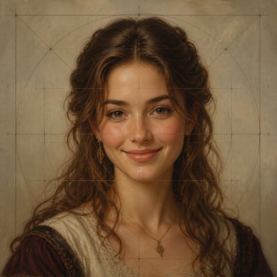 head-and-shoulders portrait of an original character: a young woman with wavy chestnut hair and a warm smile, plain soft backdrop